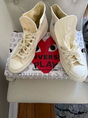 Converse Cream High Top Sneakers with Red PLAY Heart Box